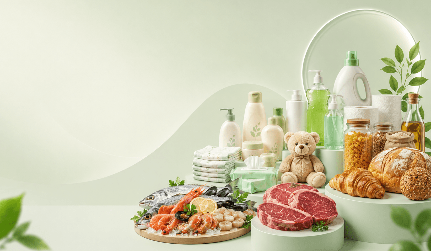 Masskar banner with fresh food, beauty, baby, and home essentials