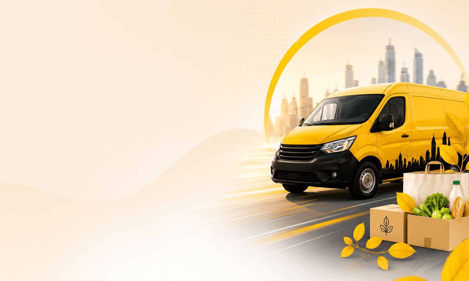 Masskar yellow delivery van with grocery boxes and fresh products